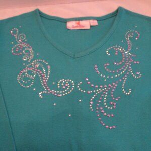 Quacker Factory Teal - Green/Blue Top - Medium - 3/4 Sleeve